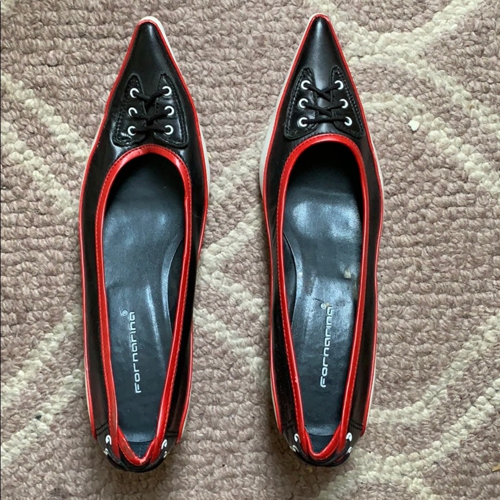 Pointed toes and criss cross back heels size 37.